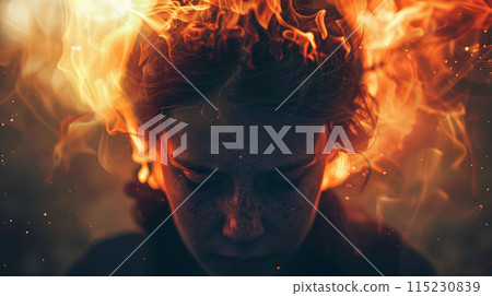 tired woman with burning head. Concept of emotional burnout, psychological disorder and human under stress 115230839