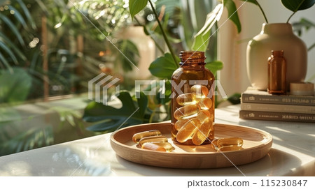 Glass Bottle Filled With Yellow Capsules On Wooden Tray In A Sunny Room 115230847