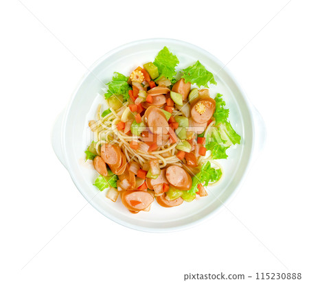 spaghetti noodles with sausage and tomatoes sauce in plate isolated spaghetti noodles with sausage and tomatoes sauce in plate isolated 115230888