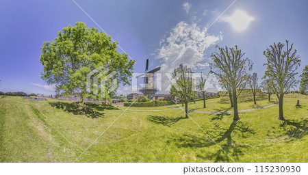 Picture of a typical Dutch windmill on a green meadow against a blue sky Picture of a typical Dutch windmill on a green meadow against a blue sky 115230930