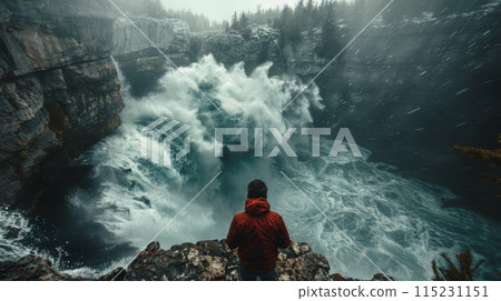 Solitary Figure Standing on a Clifftop Overlooking Foggy Mountain Range 115231151