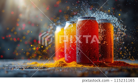 Cold Refreshing Drinks With Water Splash on a Dark Background 115231165