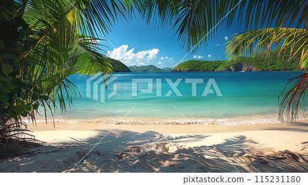 Tranquil Tropical Beach With Palm Trees and Clear Blue Water on a Sunny Day 115231180