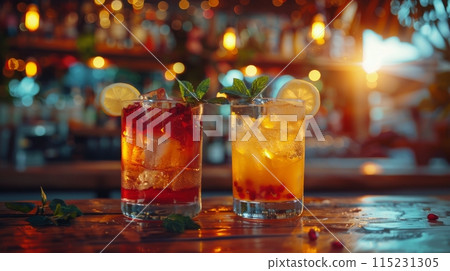 Two Refreshing Cocktails With Lemon and Mint on a Bar Countertop 115231305