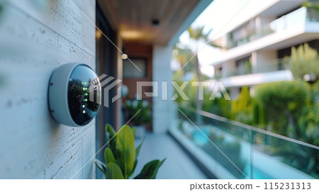 Security Camera Mounted on Tree Branch at Dusk 115231313