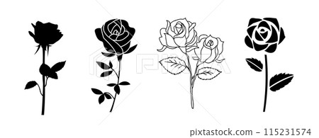 Vector illustration set of simple designs of rose flowers. Hand drawn line drawings and silhouettes. 115231574
