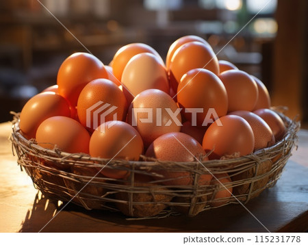 Eggs in a basket on a wooden table in the kitchen 115231778