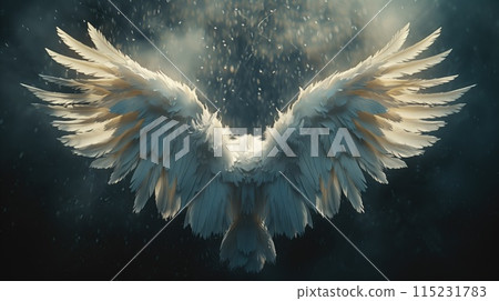 large, expansive white angel wings that appear to be angelic in nature. The wings are predominantly white and spread out widely 115231783