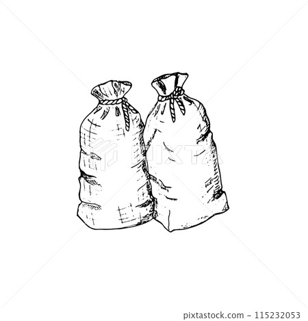 Hand-drawn closed sacks. Sacks of flour, sugar, rice, and grain. Isolated on white background. Hand-drawn closed sacks. Sacks of flour, sugar, rice, and grain. Isolated on white background. 115232053