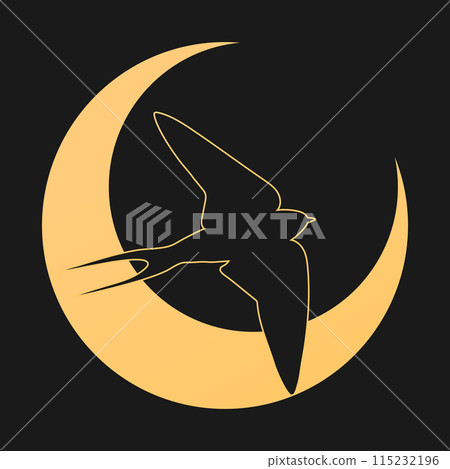 Celestial golden emblem with a swallow bird and crescent. Martin bird silhouette on crescent background. Vector illustration Celestial golden emblem with a swallow bird and crescent. Martin bird silhouette on crescent background. Vector illustration 115232196