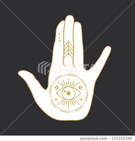 Celestial magical hand with a sacred eye symbol. Mystical boho concept. Vector illustration Celestial magical hand with a sacred eye symbol. Mystical boho concept. Vector illustration 115232199