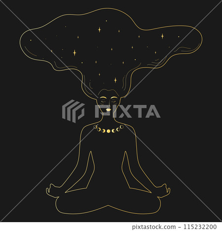 Sorceress sitting in lotus pose. Abstract meditating woman in golden color. Celestial magical art. Vector illustration Sorceress sitting in lotus pose. Abstract meditating woman in golden color. Celestial magical art. Vector illustration 115232200
