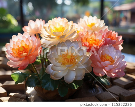 Beautiful lotus flower in pot on the wooden table, stock photo 115232226