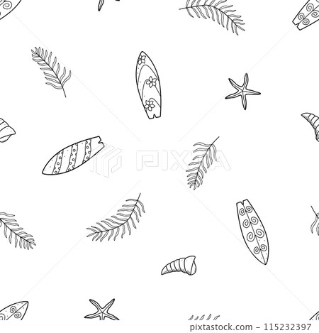 Seamless pattern summer doodle icons. Vector illustration of a surfboard, palm, shells. Background of active and beach holidays. 115232397