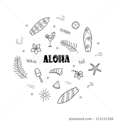Aloha summer doodle icons. Vector illustration of a surfboard, palm flowers, shells. The concept of active and beach holidays. 115232398