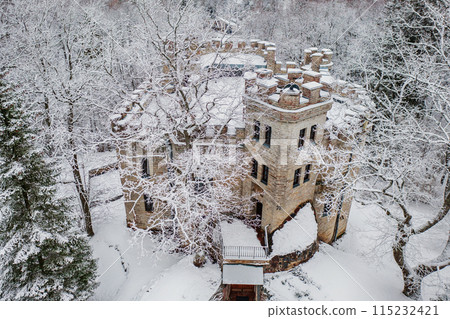 Old castle in the winter Glen park. Tallinn, Estonia. 115232421