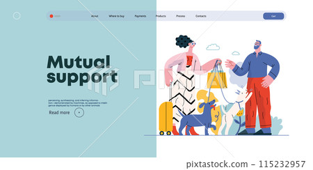 Mutual Support: Pet-sitting -modern flat vector concept illustration of a woman going on vacation leaving her dogs with neighbor. A metaphor of voluntary, collaborative exchanges of resource, services 115232957