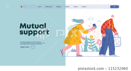 Mutual Support: Picking Up the Dropped Item -modern flat vector concept illustration of a woman who picked up a wallet lost by an elderly man Metaphor of voluntary, collaborative exchanges of services 115232960