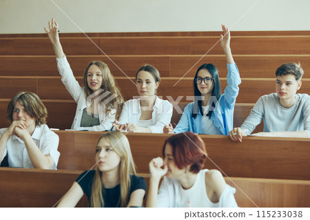 Involved students, girls raising hands to give answer during lecture. Students sitting in university classroom and learning new theme of subject. 115233038