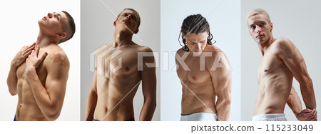 Diversity of beauty. Collage. Handsome different young men posing shirtless, showing define muscular bodies against in light background. Diversity of beauty. Collage. Handsome different young men posing shirtless, showing define muscular bodies against in light background. 115233049