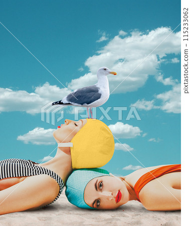 Beautiful young girls in swimming cap and swimsuits lying on beach with seagull against blue sky background. Contemporary art collage. Beautiful young girls in swimming cap and swimsuits lying on beach with seagull against blue sky background. Contemporary art collage. 115233062