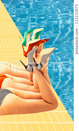 Female legs in colorful heels lying near swimming pool and sunbathing. Sea resort. Contemporary art collage. Female legs in colorful heels lying near swimming pool and sunbathing. Sea resort. Contemporary art collage. 115233073