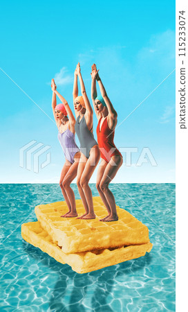 Three women in colorful swimsuit and caps standing on waffle and diving into sea. Contemporary art collage. Three women in colorful swimsuit and caps standing on waffle and diving into sea. Contemporary art collage. 115233074