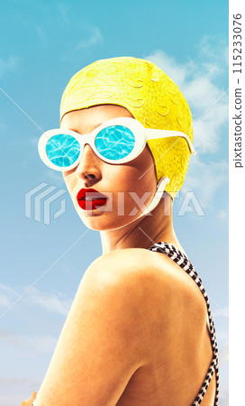 Portrait of stylish young woman in yellow cap, wearing sunglasses with swimming pool reflection on it. Contemporary art collage. Portrait of stylish young woman in yellow cap, wearing sunglasses with swimming pool reflection on it. Contemporary art collage. 115233076