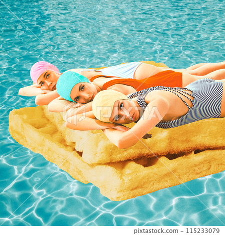 Three women in swimsuit and cap lying on waffles and swimming in swimming pool. Sunbathing. Contemporary art collage. Three women in swimsuit and cap lying on waffles and swimming in swimming pool. Sunbathing. Contemporary art collage. 115233079