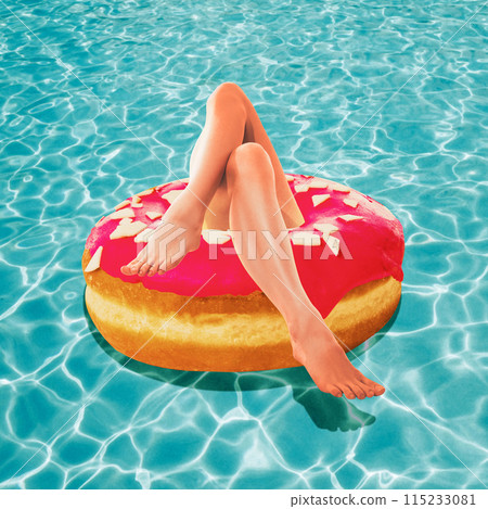 Female legs sticking out donut shape floating ring. Woman resting in swimming pool, sunbathing and swimming. Contemporary art collage. Female legs sticking out donut shape floating ring. Woman resting in swimming pool, sunbathing and swimming. Contemporary art collage. 115233081