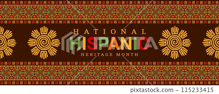 National Hispanic heritage month banner with sun Aztec totem, vector background. Hispanic Americans and Latin culture holiday festival of tradition and art of Maya and Aztec ethnic ornament heritage National Hispanic heritage month banner with sun Aztec totem, vector background. Hispanic Americans and Latin culture holiday festival of tradition and art of Maya and Aztec ethnic ornament heritage 115233415