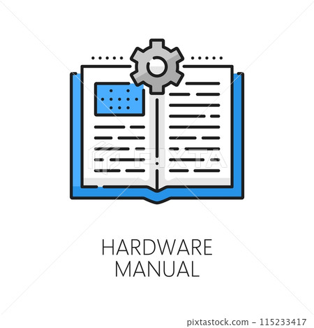 Hardware or software user manual color thin line icon. Digital technology hardware repair, computer system develop or network software support outline vector pictogram with manual book and cogwheel Hardware or software user manual color thin line icon. Digital technology hardware repair, computer system develop or network software support outline vector pictogram with manual book and cogwheel 115233417