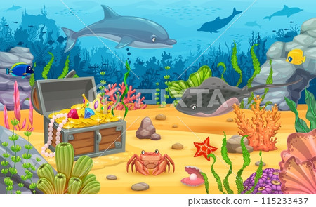 Underwater game landscape with treasure chest. Cartoon sea bottom with old wooden pirate trunk with gold and jewels, animals, fish shoal and seaweed silhouettes. Vector mysterious undersea game level 115233437