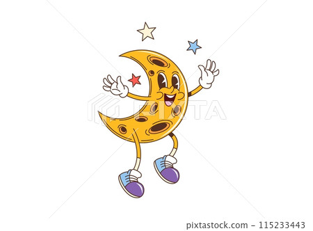 Retro groovy moon character. Isolated cartoon vector joyful yellow crescent dances energetically among space stars, embodying vintage, groove vibes with cheerful expression and funky laid-back charm 115233443