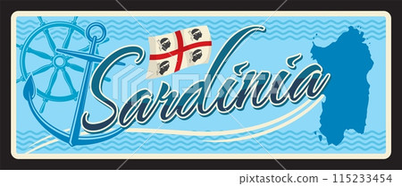 Sardinia island Italian city retro travel plate. Italian island postcard, vector tin sign with map silhouette, coat of Arms anchor and steering wheel, retro banner. European region vintage plaque 115233454