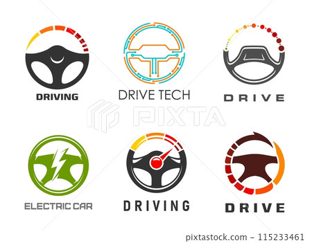 Drive icons of steering wheel for tech and safe drive or driving school, electric car vector symbols. Drivers school or auto control AI technology for safe driving, steering wheel and speedometer sign Drive icons of steering wheel for tech and safe drive or driving school, electric car vector symbols. Drivers school or auto control AI technology for safe driving, steering wheel and speedometer sign 115233461