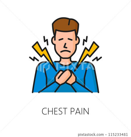 Hematology, anemia disease chest pain symptom color line icon. Hematology medicine symptom, cardiology disease or anemia thin line vector pictogram with man suffering from pain Hematology, anemia disease chest pain symptom color line icon. Hematology medicine symptom, cardiology disease or anemia thin line vector pictogram with man suffering from pain 115233481