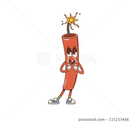 Cartoon retro Western dynamite tnt groovy character. Vector Wild West bomb stick personage with burning fuse or wick. Vintage happy boom emoji, old american Wild West dynamite ready to explosion Cartoon retro Western dynamite tnt groovy character. Vector Wild West bomb stick personage with burning fuse or wick. Vintage happy boom emoji, old american Wild West dynamite ready to explosion 115233486