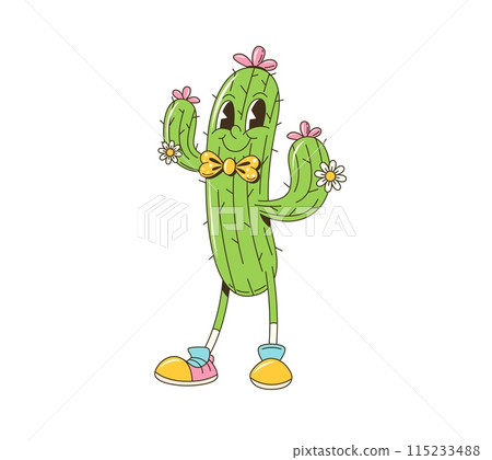 Cartoon groovy desert succulent cactus retro character with happy face, vector comic. Groovy funny cactus with happy smile and flowers, 70s hippie art cartoon funky character with gentleman bow tie 115233488