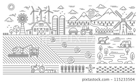 Eco village, line agriculture farm landscape. Vector linear monochrome fields, windmills, animals, gardens, hangars, buildings, barns, agricultural machinery. Farming scene with meadows and pasturage Eco village, line agriculture farm landscape. Vector linear monochrome fields, windmills, animals, gardens, hangars, buildings, barns, agricultural machinery. Farming scene with meadows and pasturage 115233504