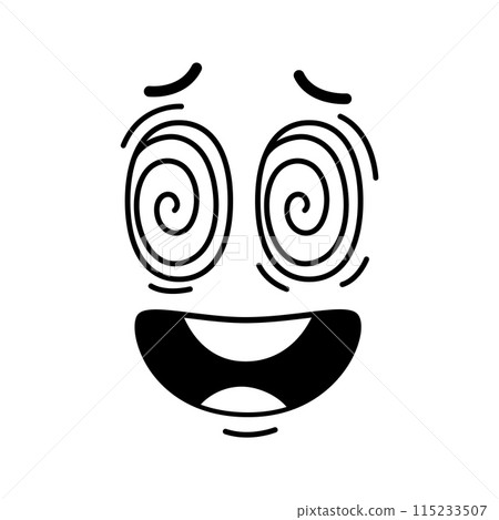 Groovie emoji face, shocked smile or retro cartoon character, vector comic emoticon. Groovy face with spiral eyes of surprised or astonished shock emoticon face and scared mouth in retro doodle line 115233507