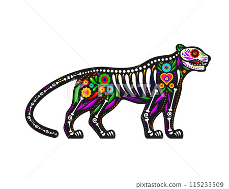 Mexican day of the dead jaguar animal sugar skull tattoo. Isolated vector animal skeleton figure with bones and patterns, melds ancestral reverence with wild spirit of jungle in a celebratory fusion. Mexican day of the dead jaguar animal sugar skull tattoo. Isolated vector animal skeleton figure with bones and patterns, melds ancestral reverence with wild spirit of jungle in a celebratory fusion. 115233509