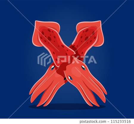 Sea animals in underwater font, letter X of funny cartoon squids, vector undersea alphabet. Sea animals font or ocean ABC typeface with cartoon characters of squids in letter X for underwater type Sea animals in underwater font, letter X of funny cartoon squids, vector undersea alphabet. Sea animals font or ocean ABC typeface with cartoon characters of squids in letter X for underwater type 115233516