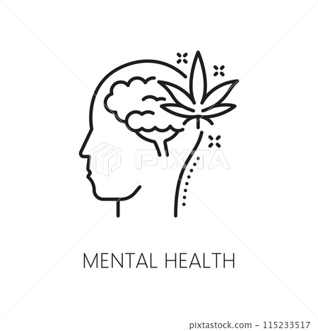 Cannabis and mental health line icon for medical marijuana or CBD weed extract, vector symbol. Pharmaceutical marijuana or cannabis sativa and brain head line icon for CBD treatment in health therapy Cannabis and mental health line icon for medical marijuana or CBD weed extract, vector symbol. Pharmaceutical marijuana or cannabis sativa and brain head line icon for CBD treatment in health therapy 115233517