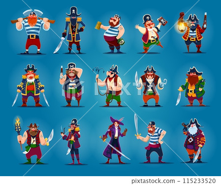 Cartoon pirate and corsair characters. Captain and sailor, boatswain and skipper filibusters vector personages. Funny men and girl pirates with swords, guns and hooks, black hats, eye patches and rum Cartoon pirate and corsair characters. Captain and sailor, boatswain and skipper filibusters vector personages. Funny men and girl pirates with swords, guns and hooks, black hats, eye patches and rum 115233520