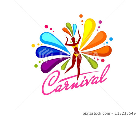 Brazil carnival party icon with samba dancer for entertainment event, vector symbol. Brazilian traditional carnival emblem with woman dancing samba with rainbow feathers or colors splash flower 115233549