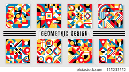 Abstract modern geometric patterns with minimal graphic elements. Vector background of color squares, circles and triangles, arches and curved lines. Simple geometry forms and figures trendy mosaic 115233552