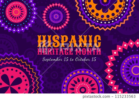 International hispanic heritage month festival poster with vector pattern of spanish and mexican traditional ornament. Latin culture commemoration banner with bright color floral motif of huichol arts International hispanic heritage month festival poster with vector pattern of spanish and mexican traditional ornament. Latin culture commemoration banner with bright color floral motif of huichol arts 115233563
