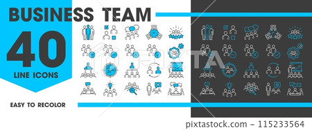 Business team discussion icons, management and brainstorm, meeting and recruitment, vector pictograms. Teamwork business discussion line icons of people of company network, conference and presentation Business team discussion icons, management and brainstorm, meeting and recruitment, vector pictograms. Teamwork business discussion line icons of people of company network, conference and presentation 115233564