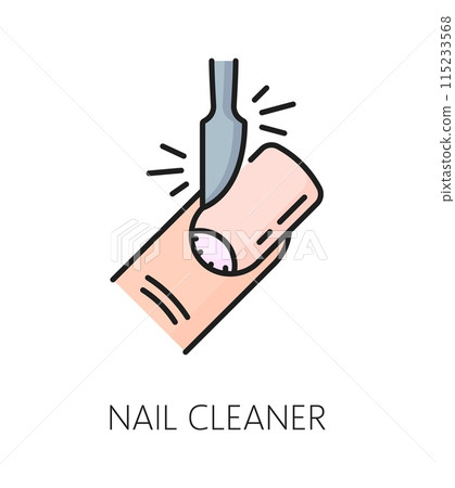 Manicure service nail cleaner color line icon. Manicure and pedicure master tools, woman beauty cosmetology or spa salon linear vector symbol. Cosmetics and makeup shop outline icon or sign Manicure service nail cleaner color line icon. Manicure and pedicure master tools, woman beauty cosmetology or spa salon linear vector symbol. Cosmetics and makeup shop outline icon or sign 115233568